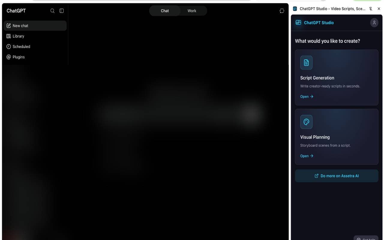 ChatGPT Studio side panel open beside ChatGPT with script generation and visual planning tools