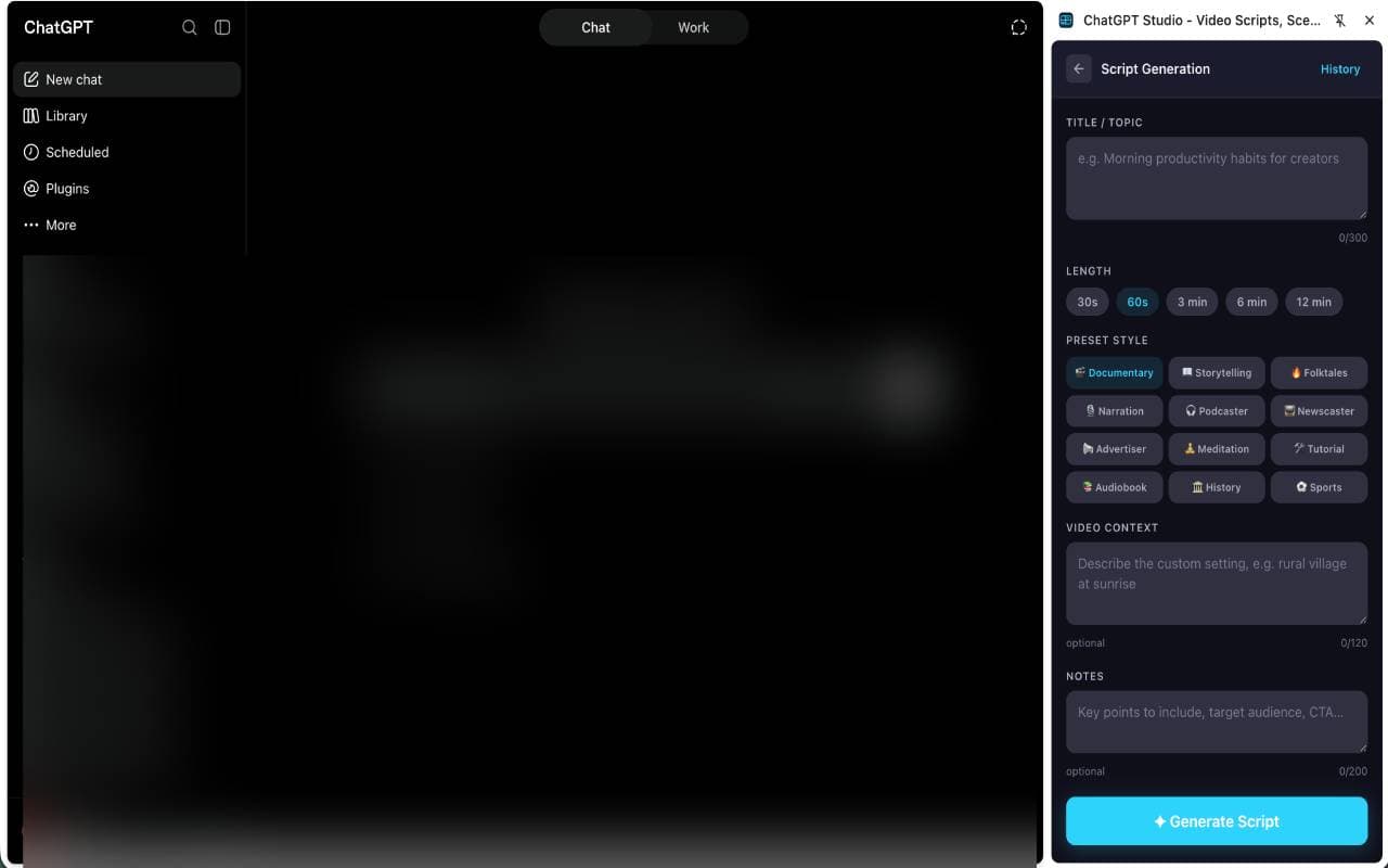 ChatGPT Studio script generator with duration, preset style, context, and notes controls