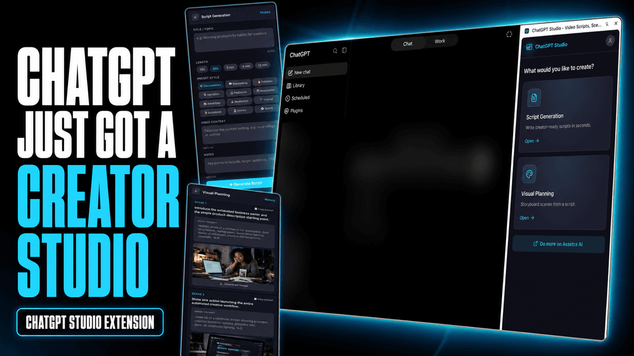 ChatGPT Studio walkthrough showing script generation and visual planning inside ChatGPT