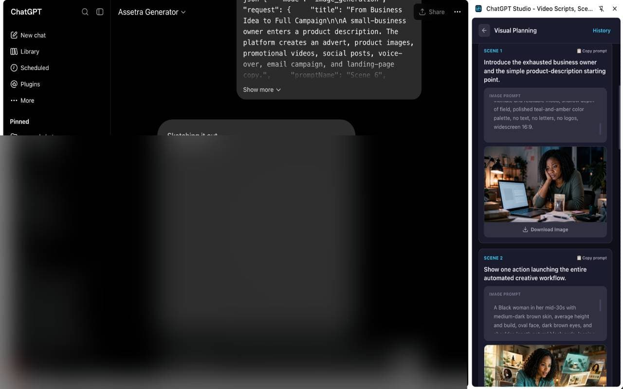 ChatGPT Studio visual plan showing scene descriptions, image prompts, and generated scene images