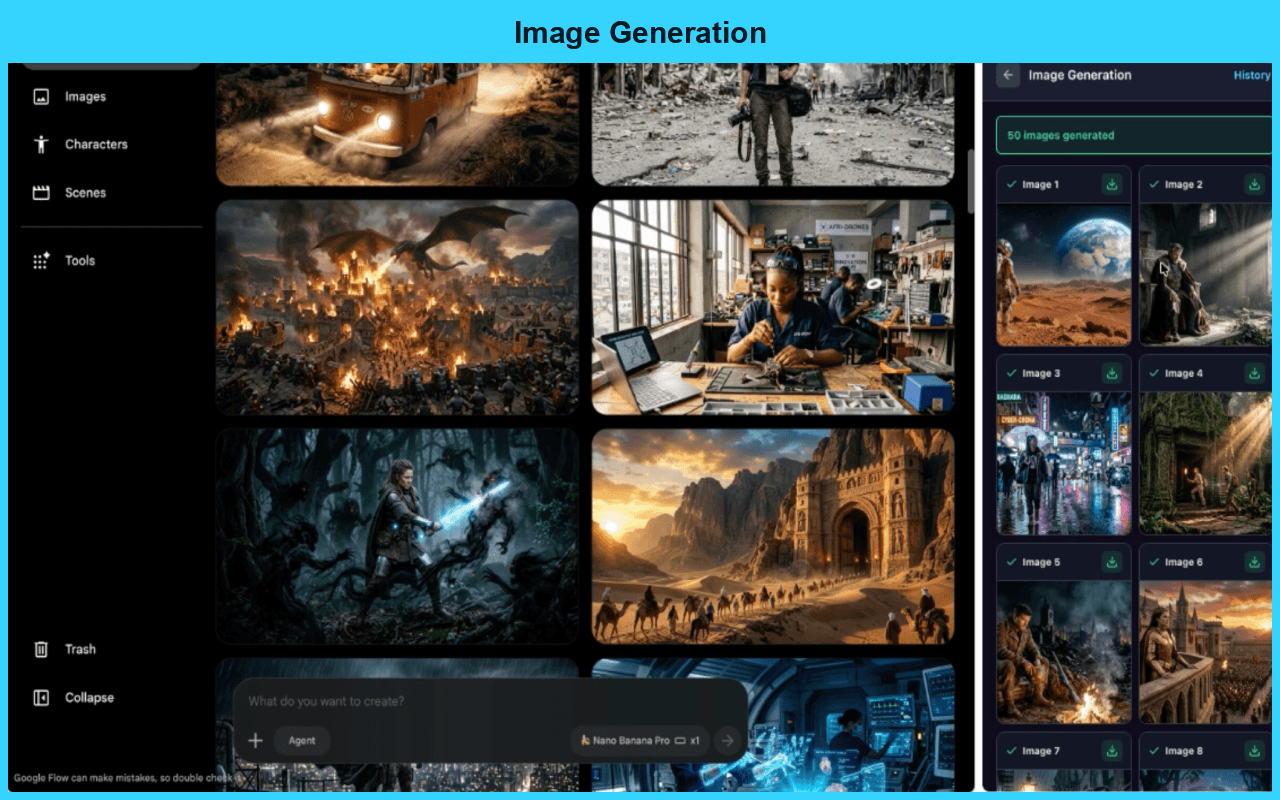 Flow Studio framed image-generation workflow beside Google Flow