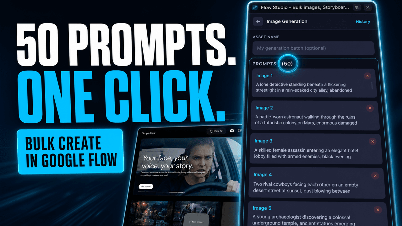 Flow Studio walkthrough showing bulk creation of 50 prompts in Google Flow