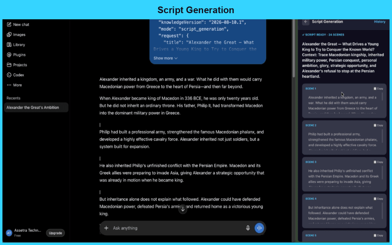 ChatGPT Studio framed script-generation workflow beside ChatGPT